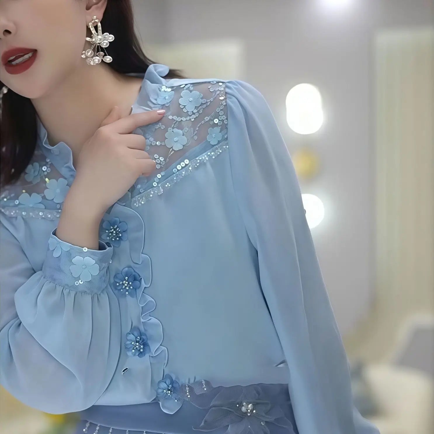 2025 Blue Spring New Women Long Sleeve Flower Tops